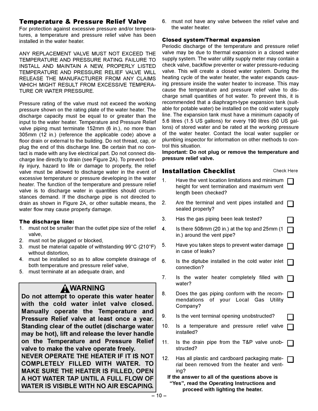 GSW 61009 REV. C (09-03) manual Temperature & Pressure Relief Valve, Installation Checklist, Discharge line 