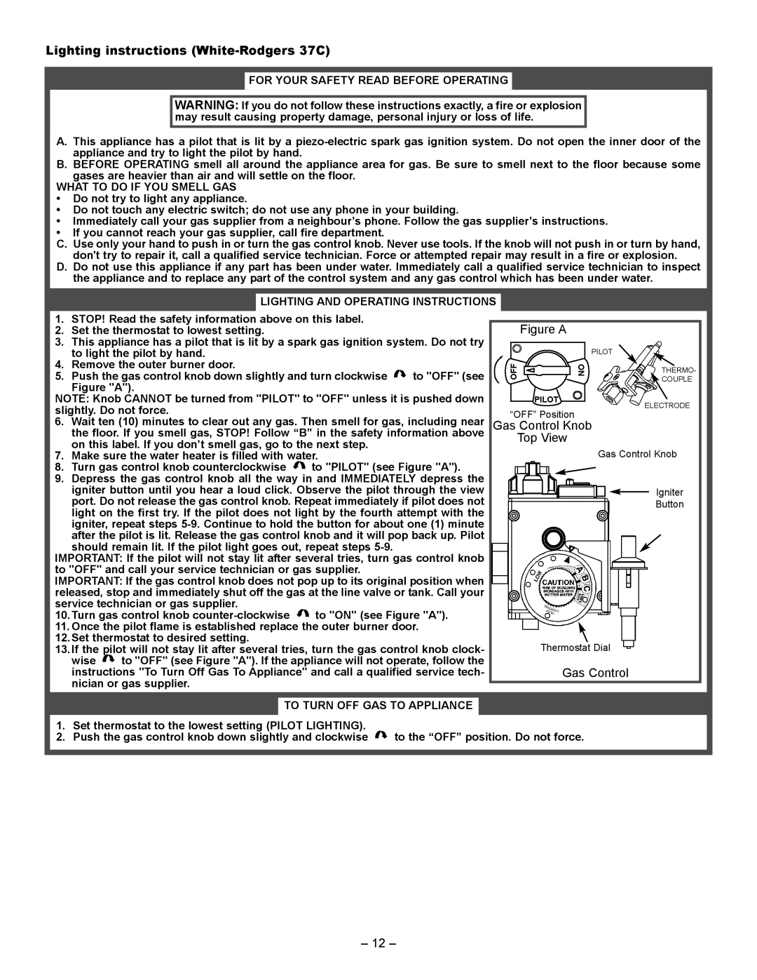 GSW 61009 REV. C (09-03) manual Lighting instructions White-Rodgers 37C, Figure a 