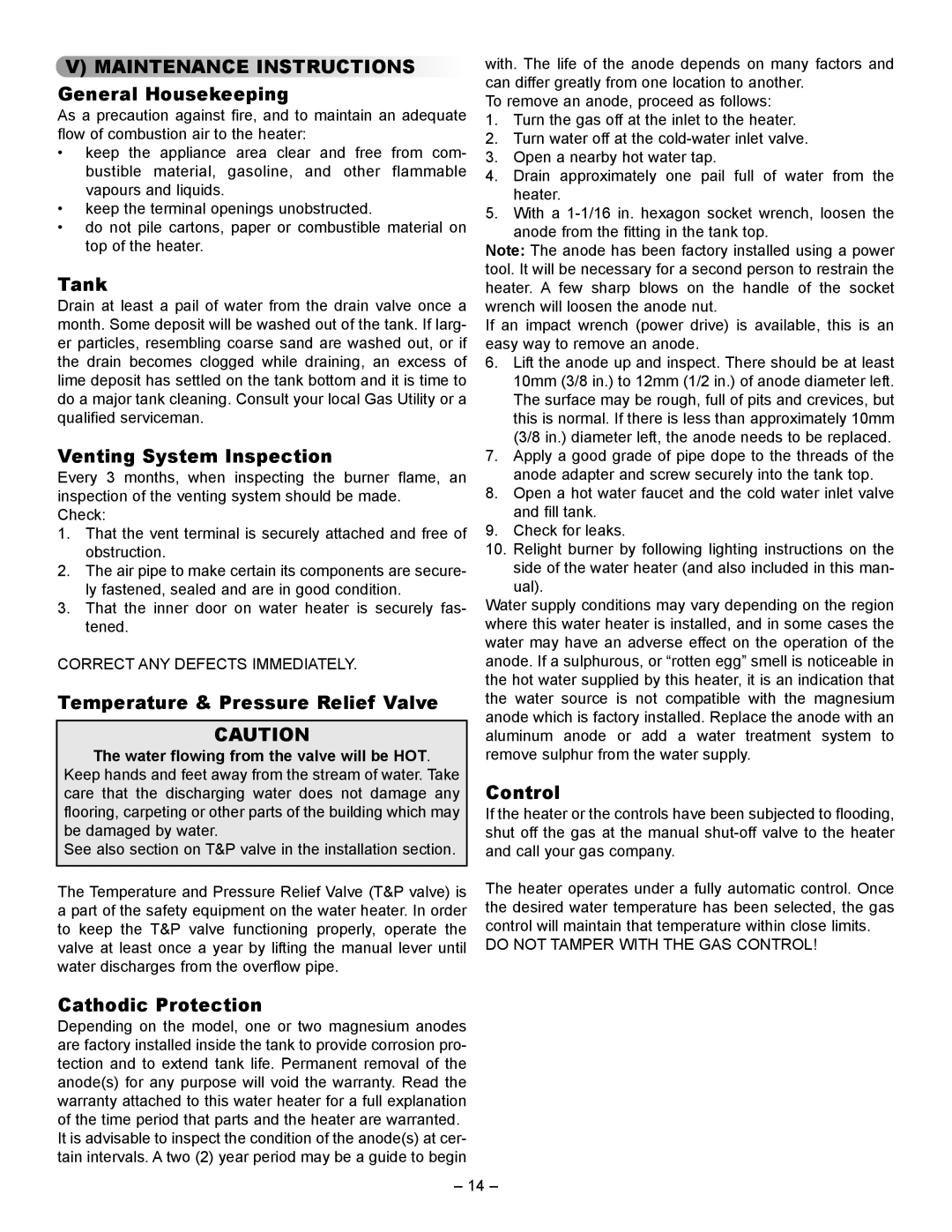 GSW 61009 REV. C (09-03) manual Maintenance Instructions General Housekeeping, Tank, Venting System Inspection, Control 