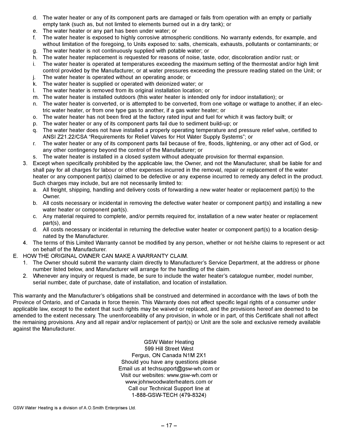 GSW 61009 REV. C (09-03) manual HOW the Original Owner can Make a Warranty Claim 