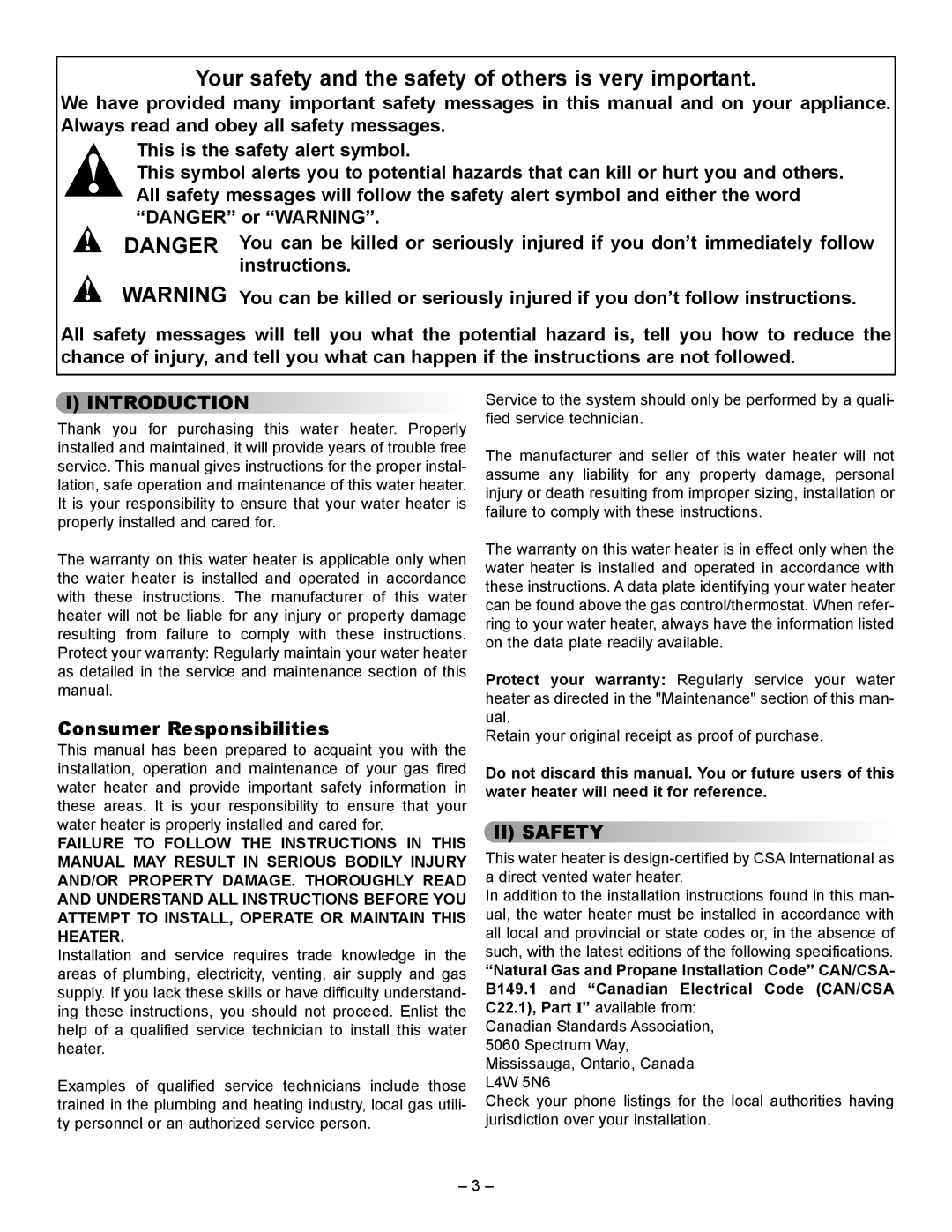 GSW 61009 REV. C (09-03) manual Introduction, Consumer Responsibilities, II Safety 