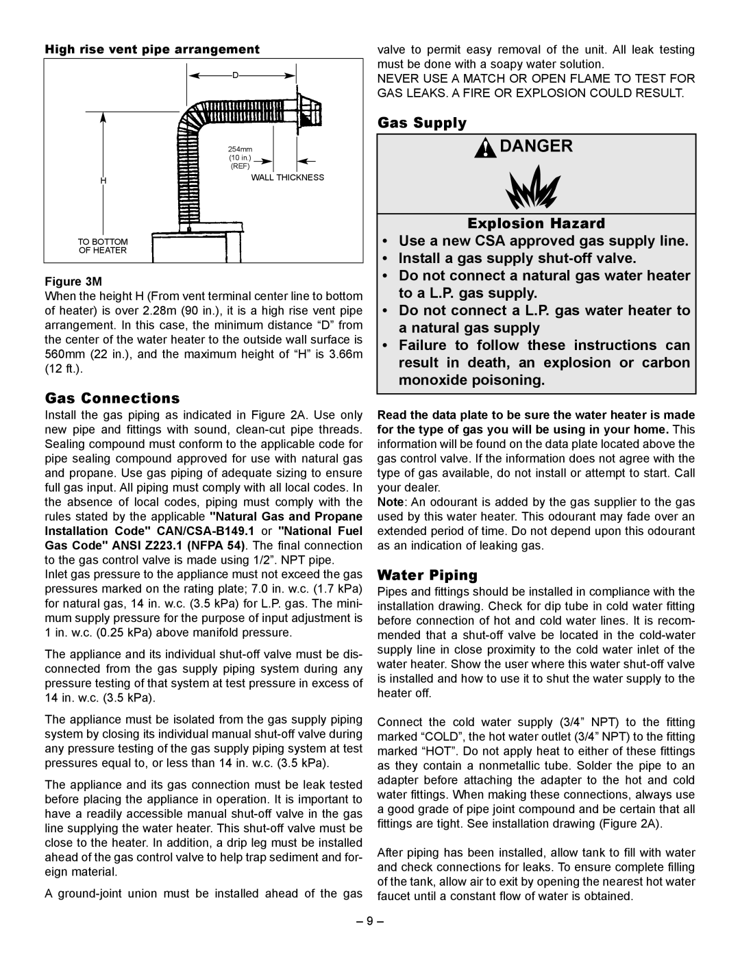 GSW 61009 REV. C (09-03) manual Gas Connections, Water Piping, High rise vent pipe arrangement 