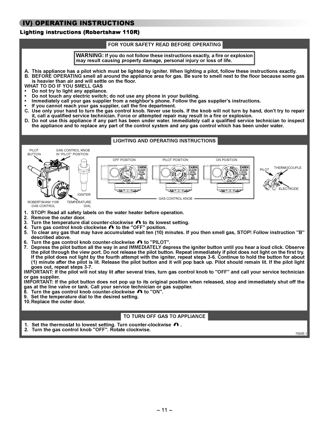 GSW 61009 REV. C (09-03) manual Iv Operating Instructions, Lighting instructions Robertshaw 110R 