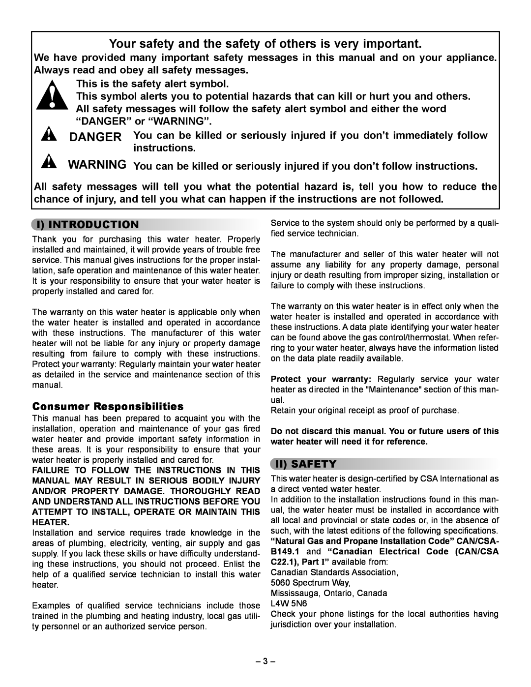 GSW 61009 REV. C (09-03) manual This is the safety alert symbol, I Introduction, Consumer Responsibilities, Ii Safety 