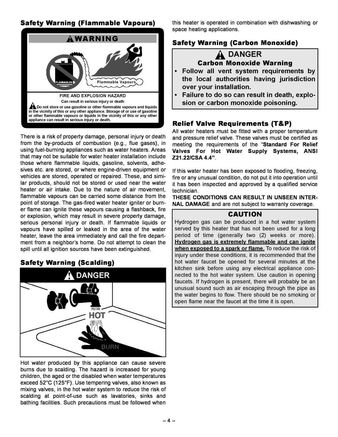 GSW 61009 REV. C (09-03) Danger, Safety Warning Flammable Vapours, Safety Warning Scalding, Safety Warning Carbon Monoxide 