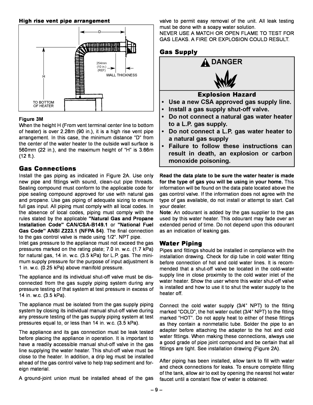 GSW 61009 REV. C (09-03) Gas Connections, Gas Supply, Explosion Hazard, Use a new CSA approved gas supply line, M, Danger 