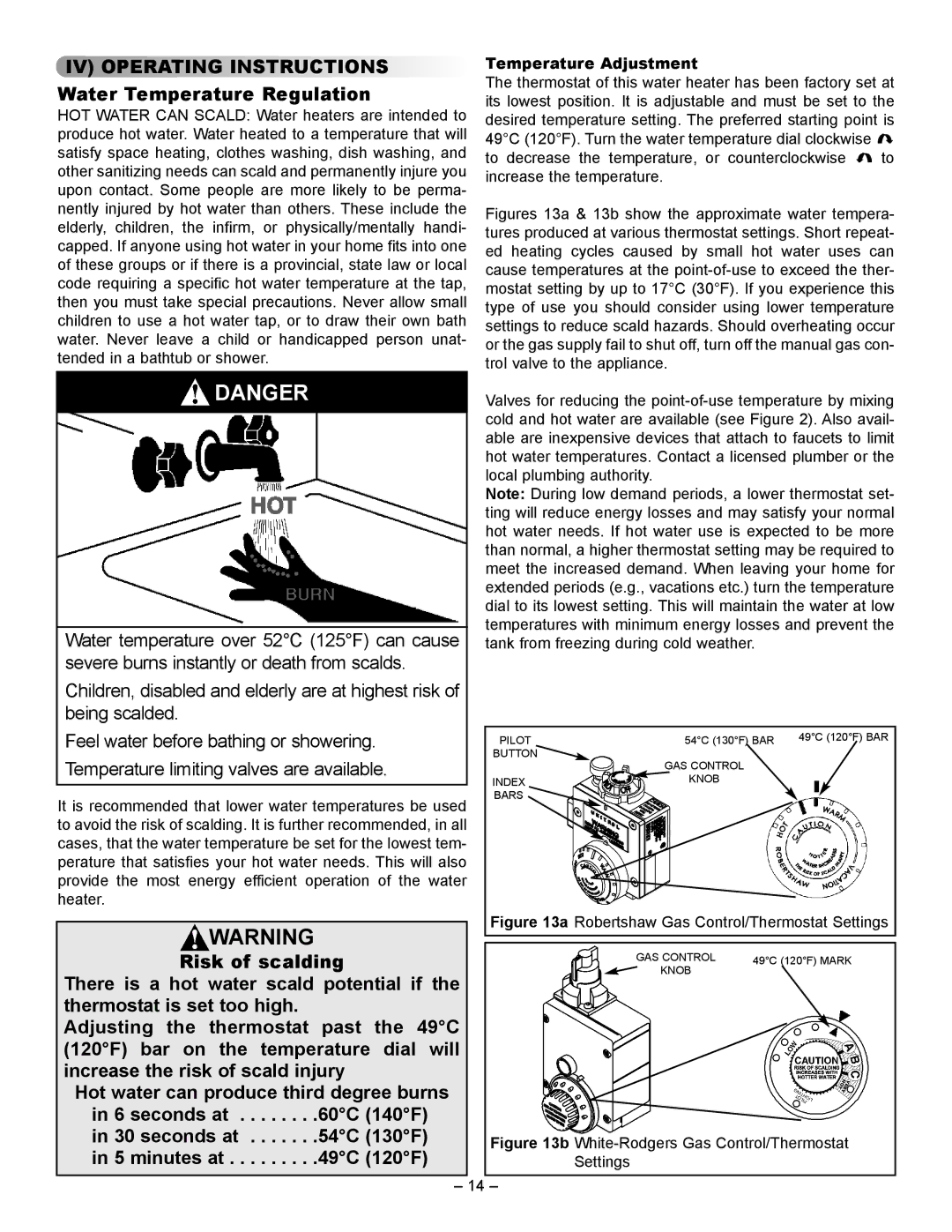 GSW 72090 manual IV Operating Instructions Water Temperature Regulation, Temperature Adjustment 