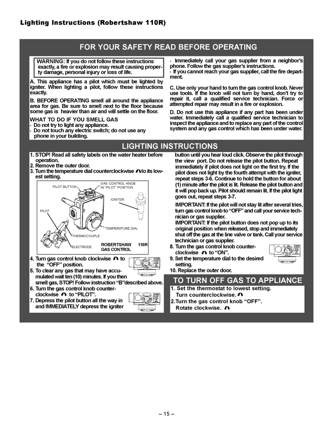 GSW 72090 manual Lighting Instructions Robertshaw 110R, What to do if YOU Smell GAS 