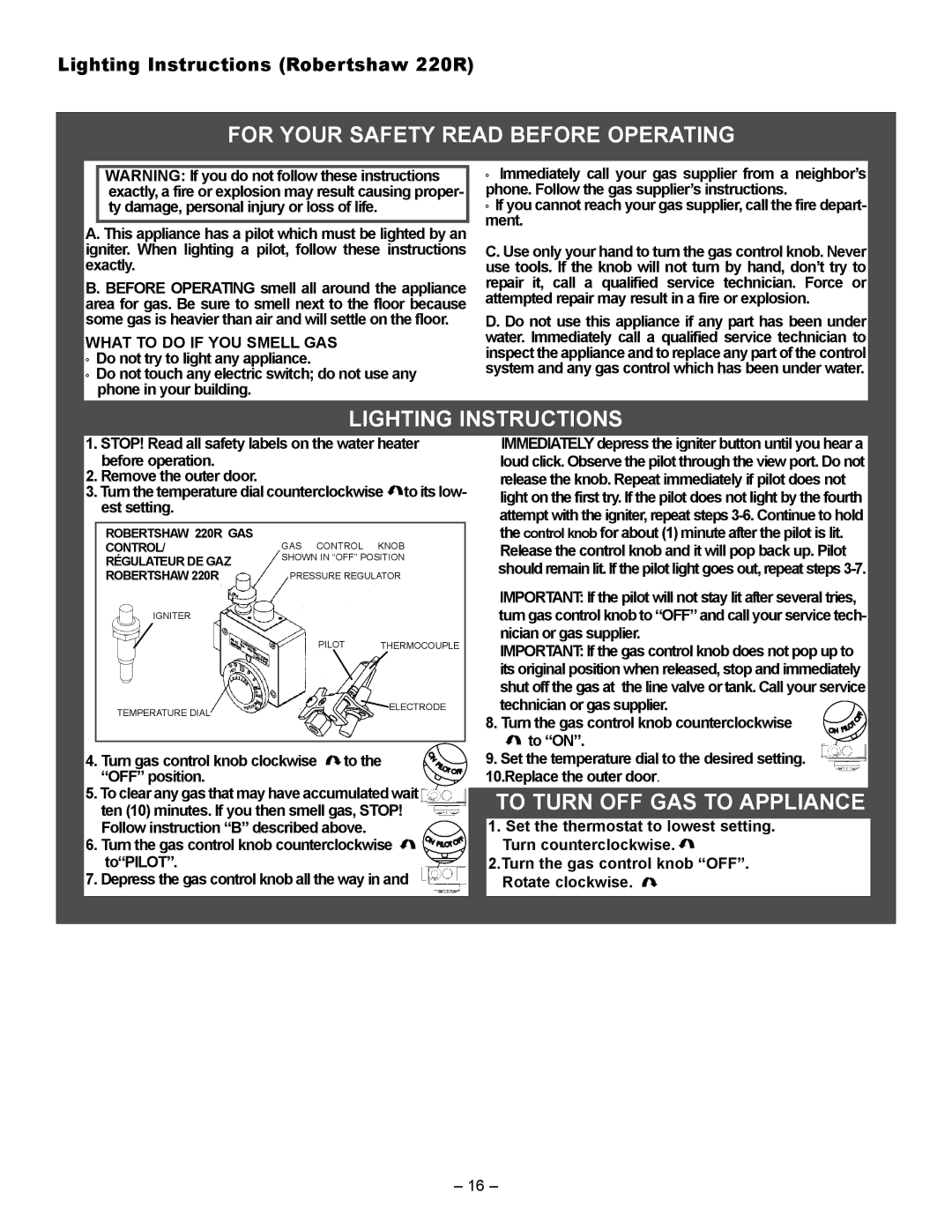 GSW 72090 manual Lighting Instructions Robertshaw 220R 