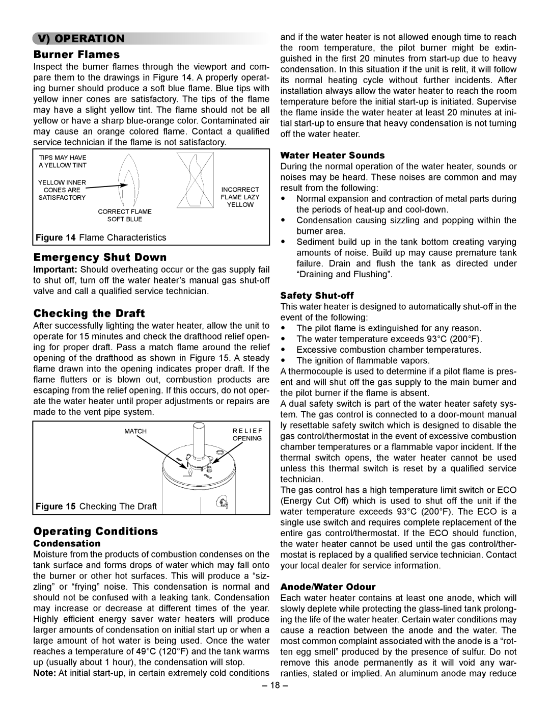 GSW 72090 manual Operation Burner Flames, Emergency Shut Down, Checking the Draft, Operating Conditions 