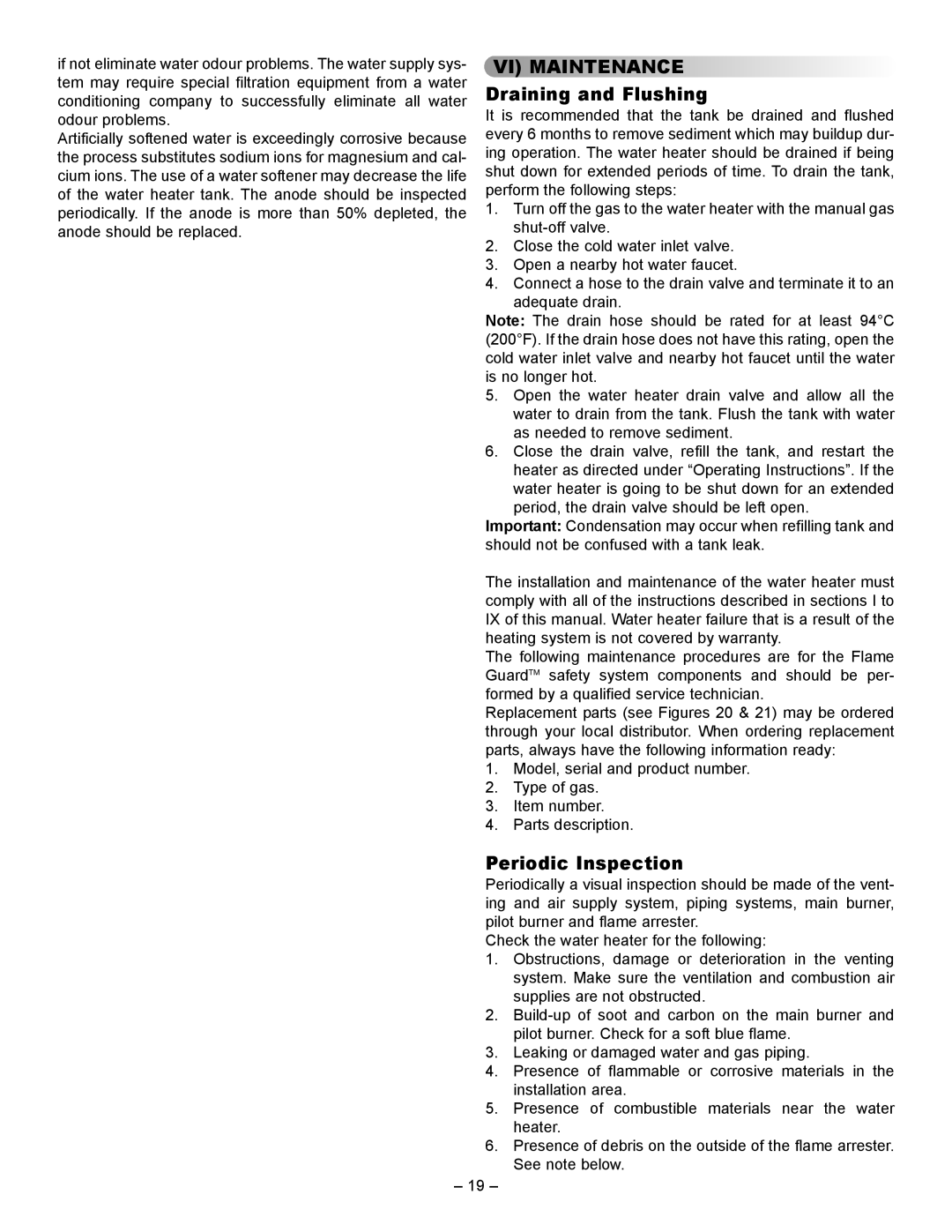 GSW 72090 manual VI Maintenance, Draining and Flushing, Periodic Inspection 