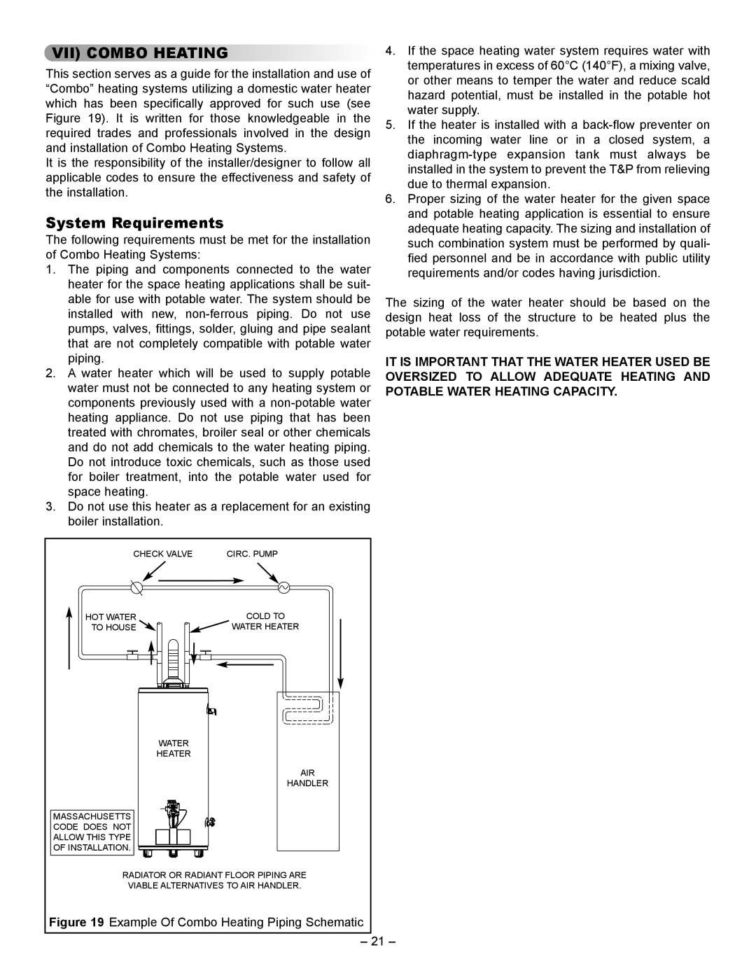 GSW 72090 manual VII Combo Heating, System Requirements 