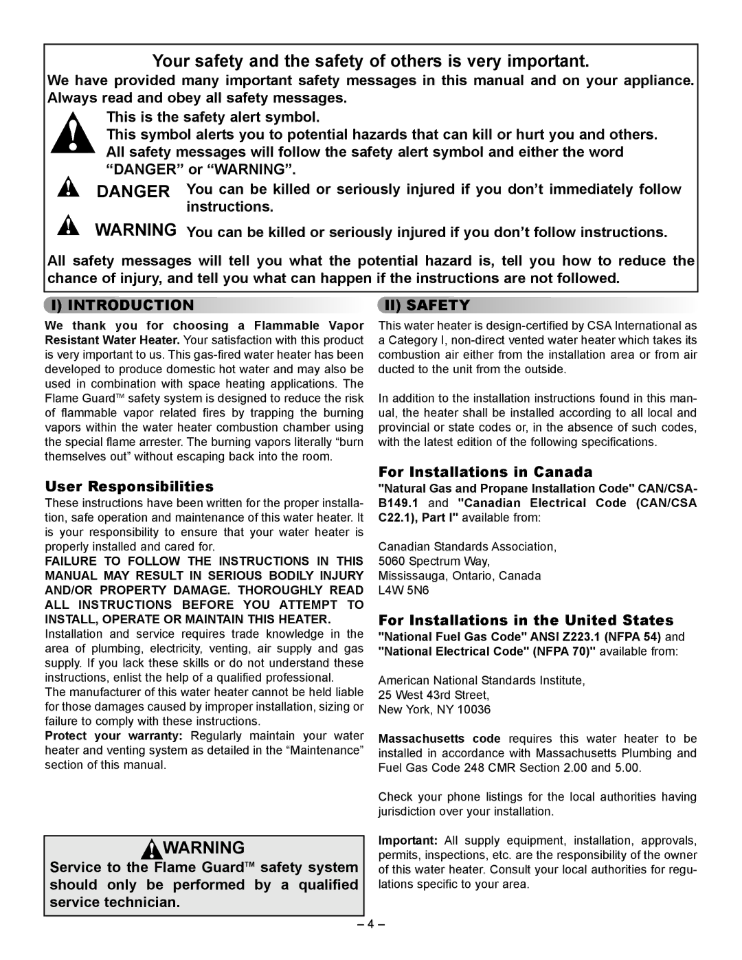 GSW 72090 manual Introduction II Safety, User Responsibilities, For Installations in Canada 