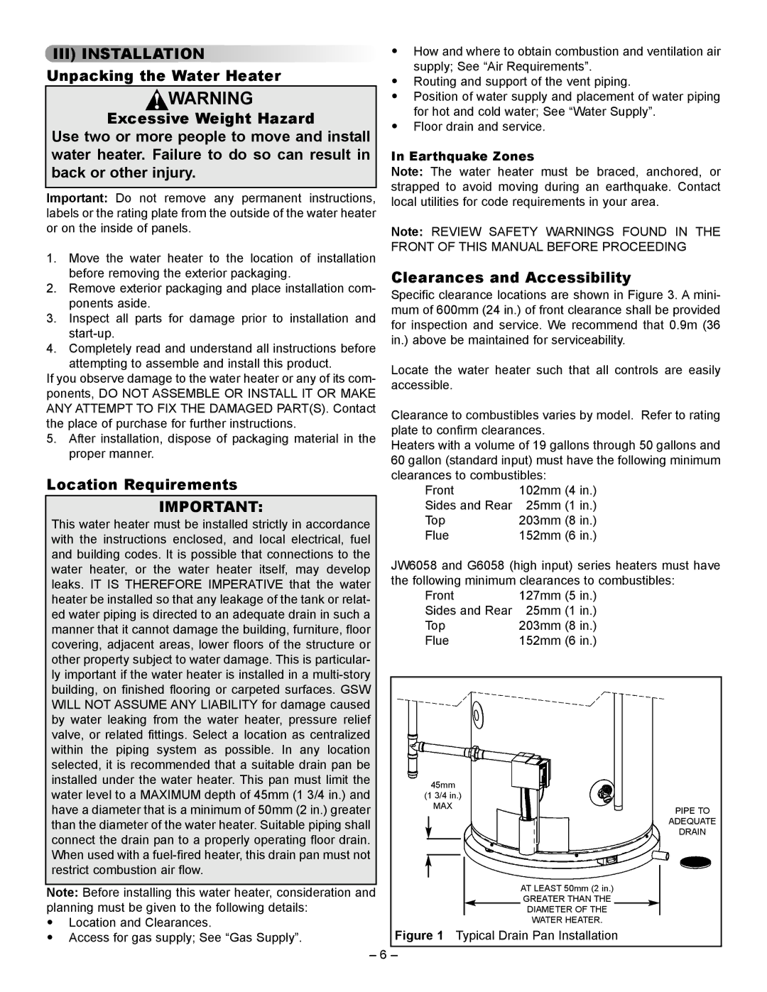 GSW 72090 manual Location Requirements, Clearances and Accessibility, Earthquake Zones 