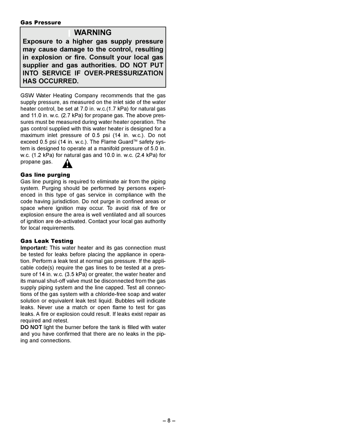 GSW 72090 manual Gas Pressure, Gas line purging, Gas Leak Testing 