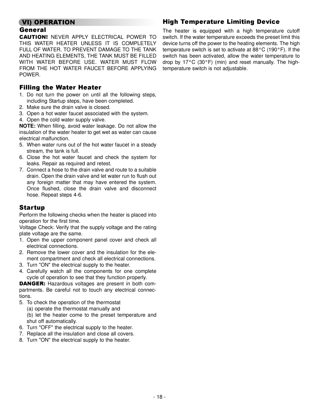 GSW 73992 warranty Filling the Water Heater, Startup, High Temperature Limiting Device 