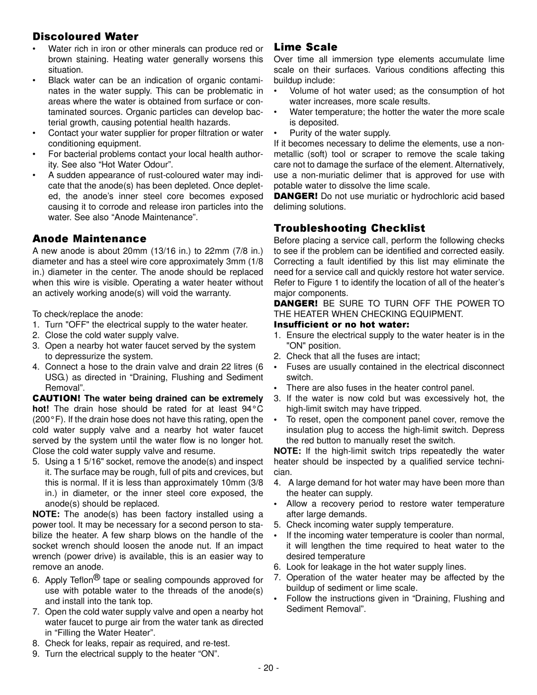 GSW 73992 Discoloured Water, Lime Scale, Anode Maintenance, Troubleshooting Checklist, Insufficient or no hot water 