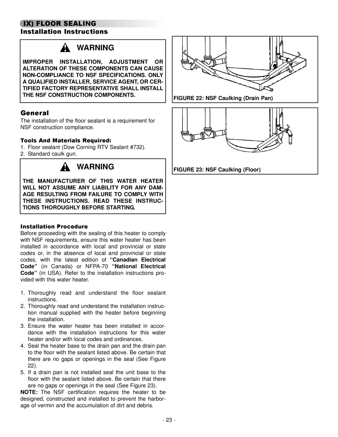 GSW 73992 warranty IX Floor Sealing Installation Instructions, General, Installation Procedure 