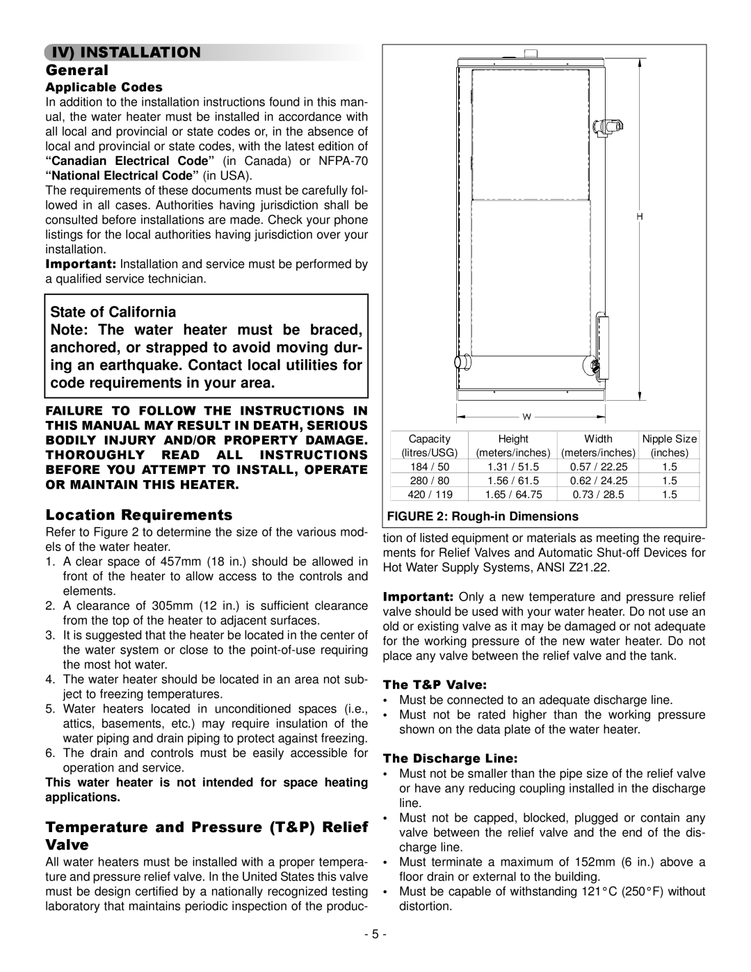 GSW 73992 warranty State of California, Location Requirements, Temperature and Pressure T&P Relief Valve 