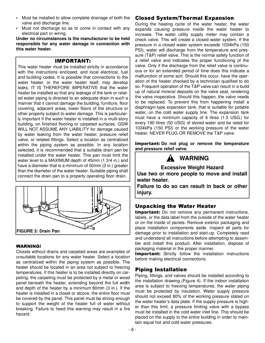 GSW 73992 warranty Closed System/Thermal Expansion, Piping Installation 