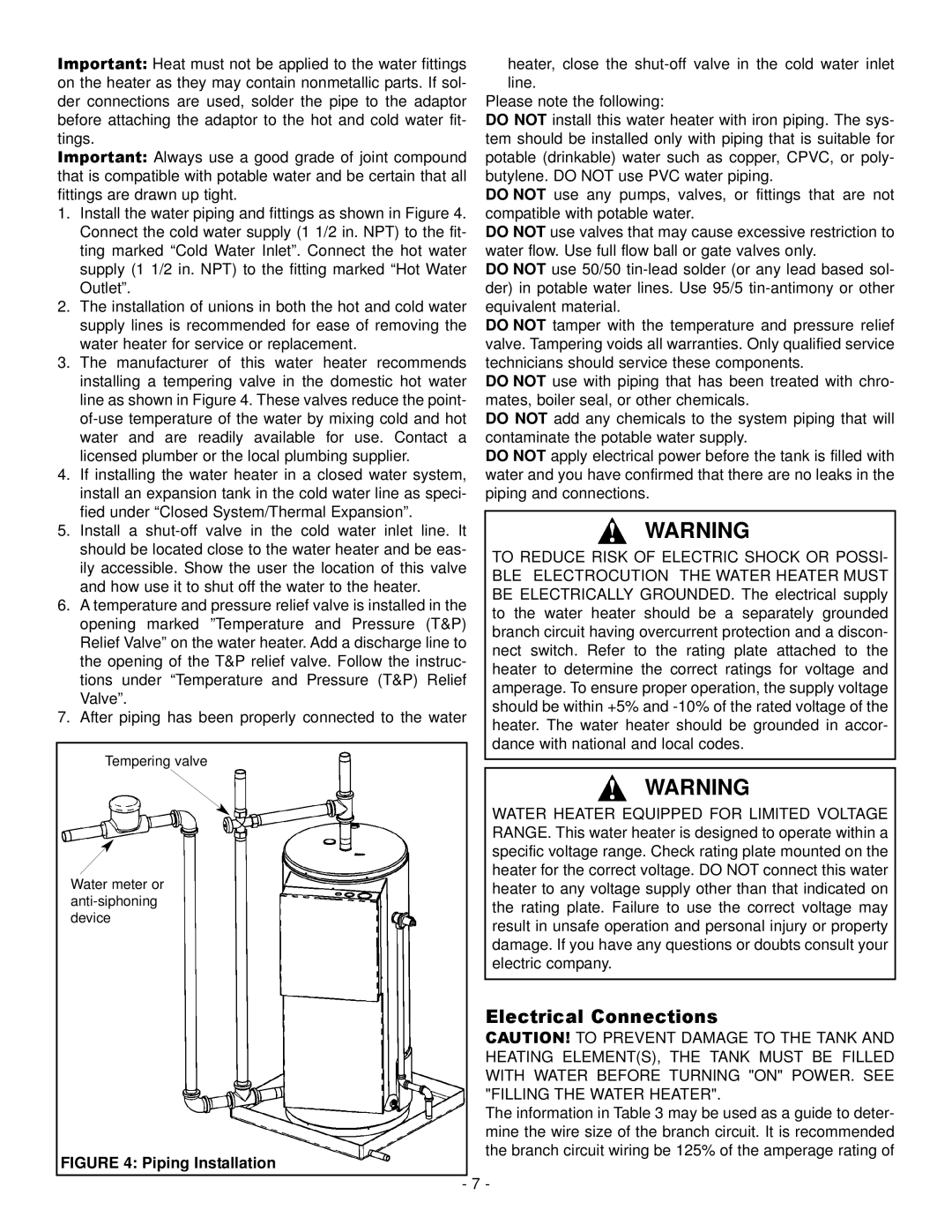 GSW 73992 warranty Electrical Connections, Piping Installation 