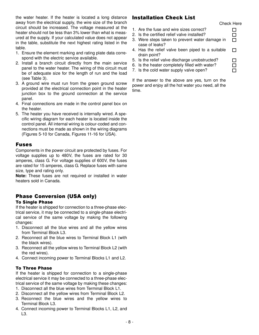 GSW 73992 warranty Installation Check List, Fuses, Phase Conversion USA only, To Single Phase, To Three Phase 