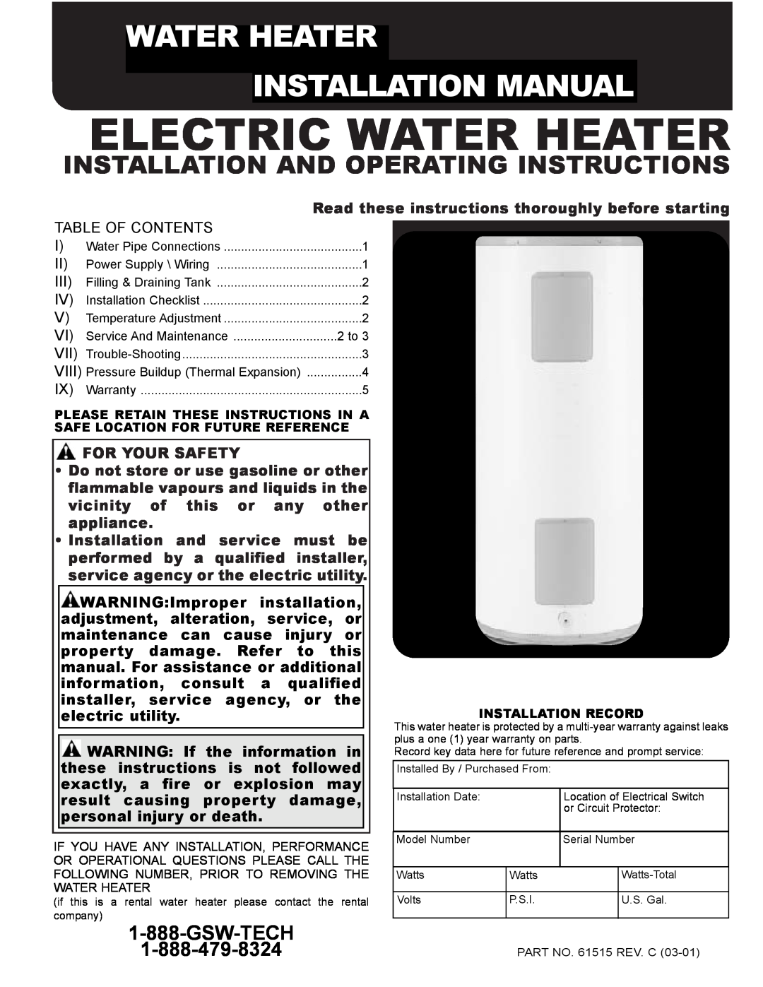 GSW installation manual Electric Water Heater, Water Heater Installation Manual, Gsw-Tech, For Your Safety 