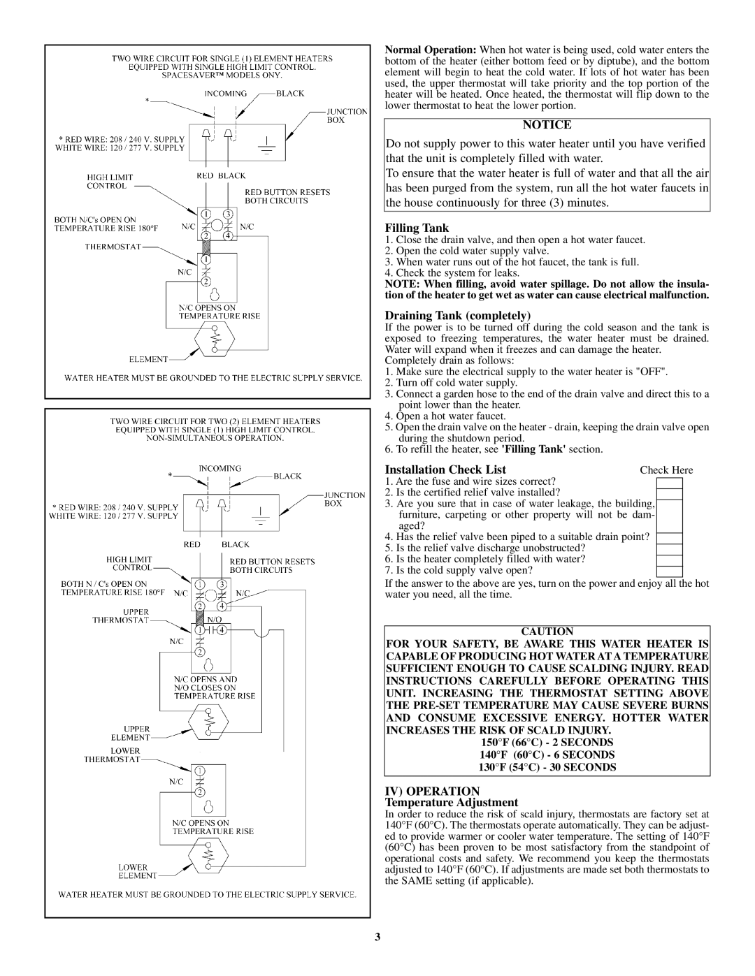 GSW Electric Water Heater P/N 61515 REV. G (05-03) warranty Filling Tank, Draining Tank completely, Installation Check List 