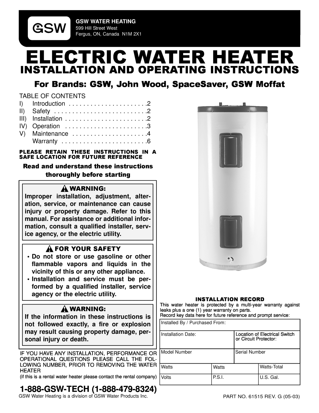 GSW Electric Water Heater P/N 61515 REV. G (05-03) warranty Installation And Operating Instructions, Gsw-Tech 
