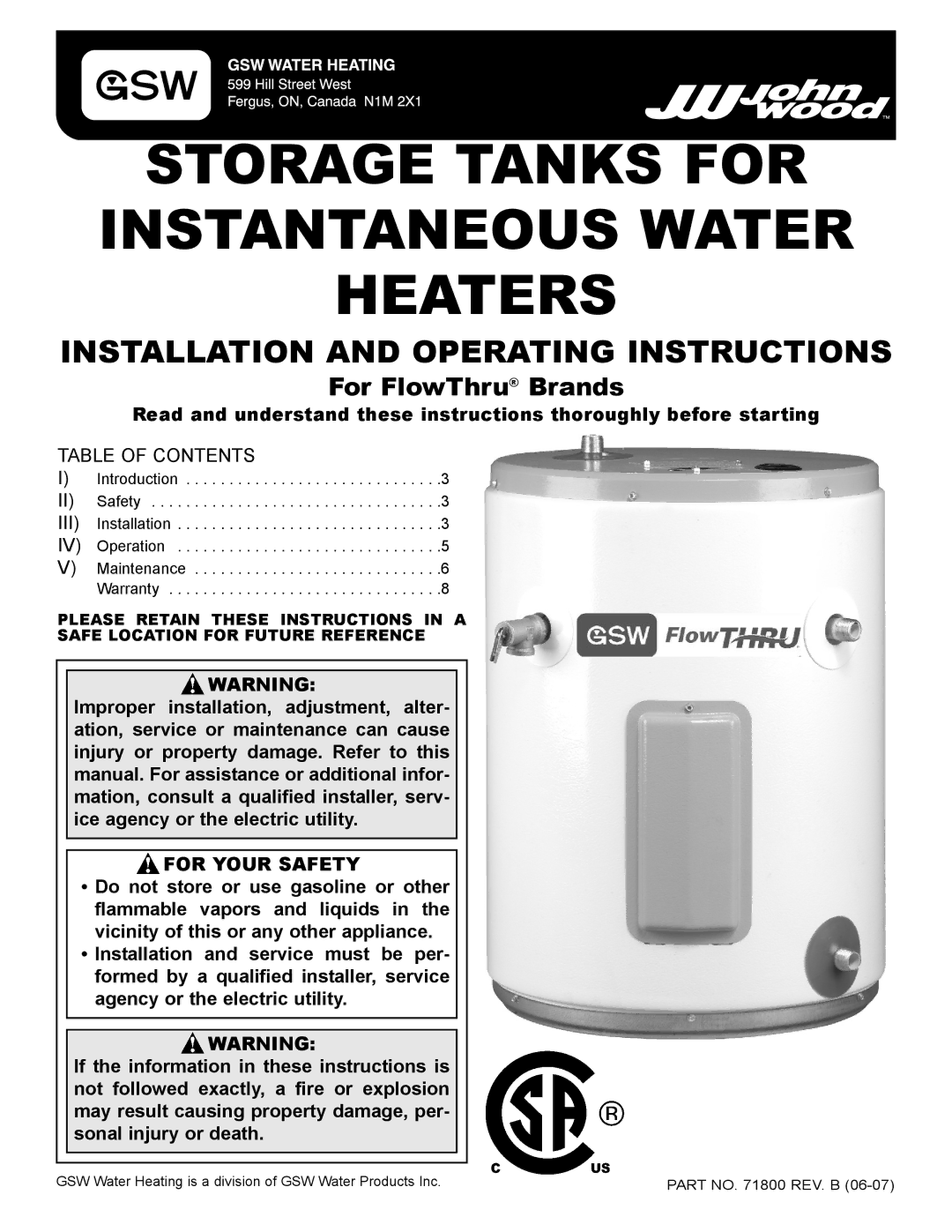 GSW FlowThru warranty Storage Tanks for Instantaneous Water Heaters, For Your Safety 