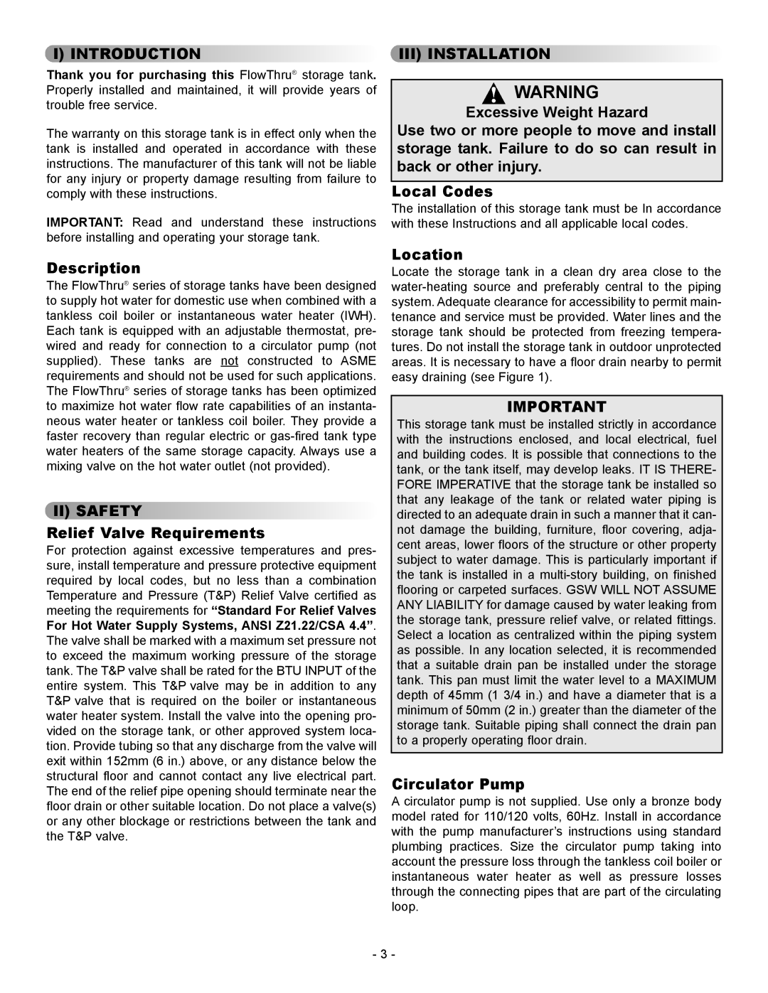 GSW FlowThru warranty Introduction, II Safety, III Installation 