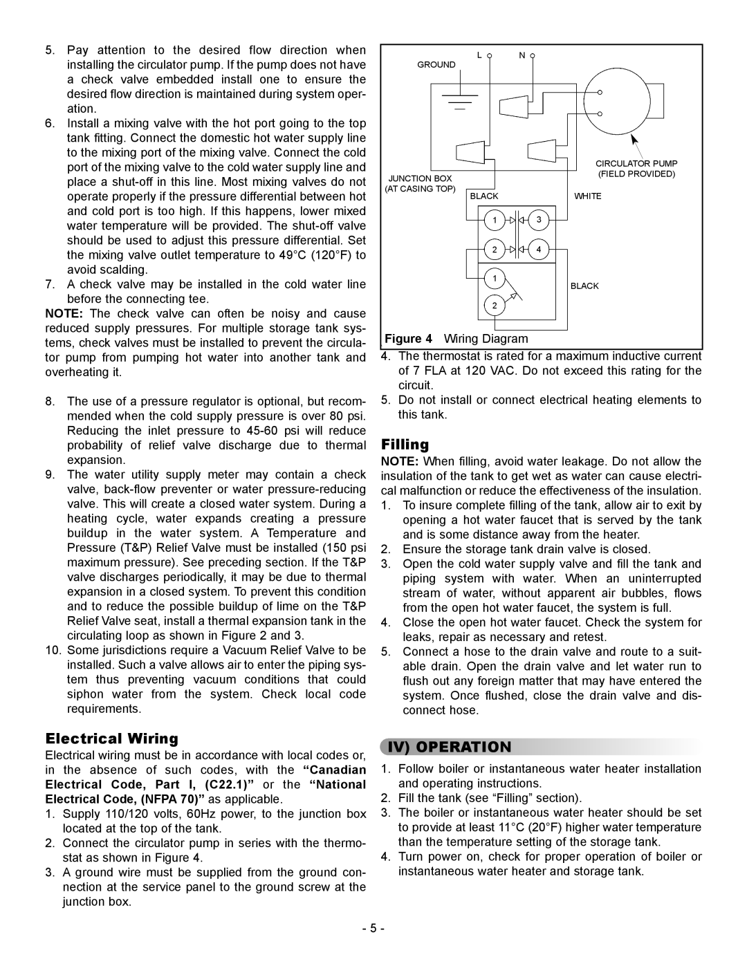 GSW FlowThru warranty Filling, Electrical Wiring, IV Operation 