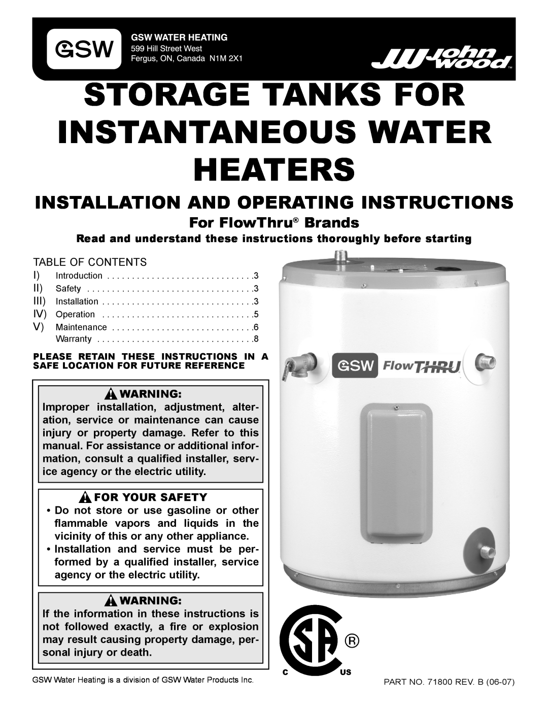 GSW warranty For Your Safety, Storage Tanks For Instantaneous Water Heaters, For FlowThru Brands 