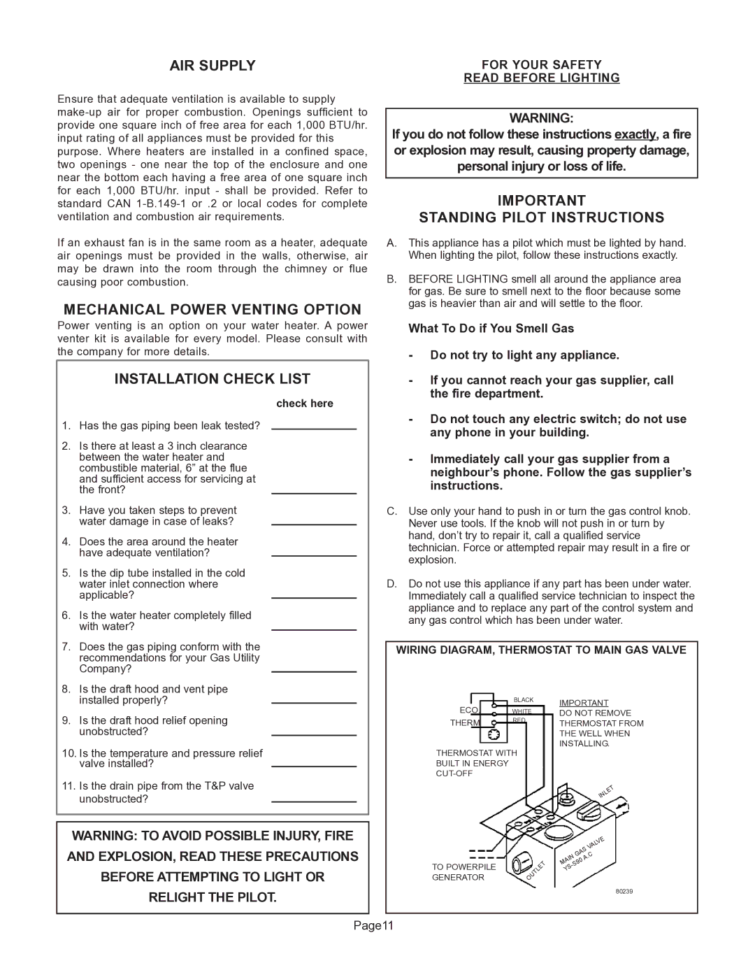 GSW G65 AIR Supply, Mechanical Power Venting Option, Installation Check List, Standing Pilot Instructions 