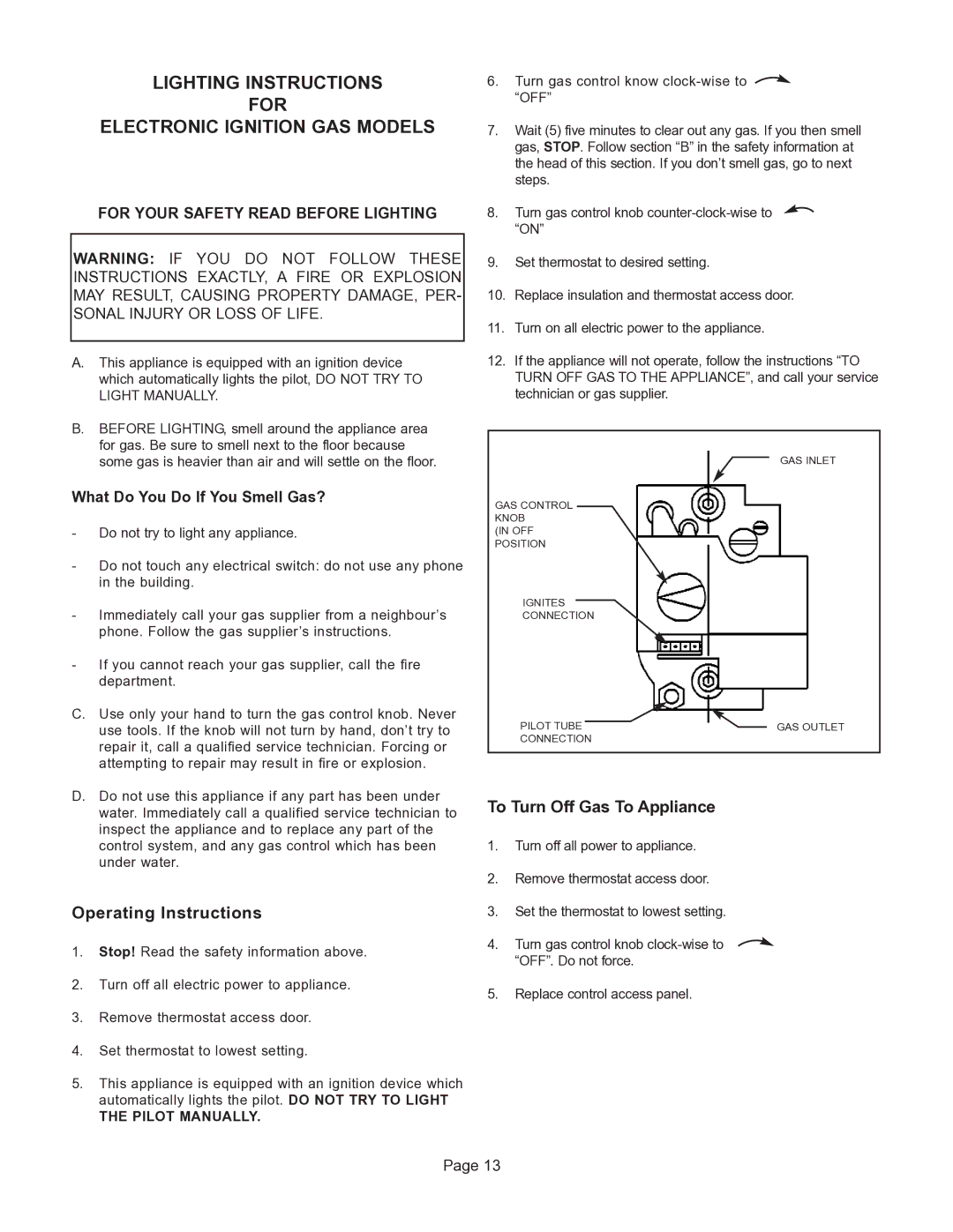 GSW G65 instruction manual Lighting Instructions For Electronic Ignition GAS Models, What Do You Do If You Smell Gas? 