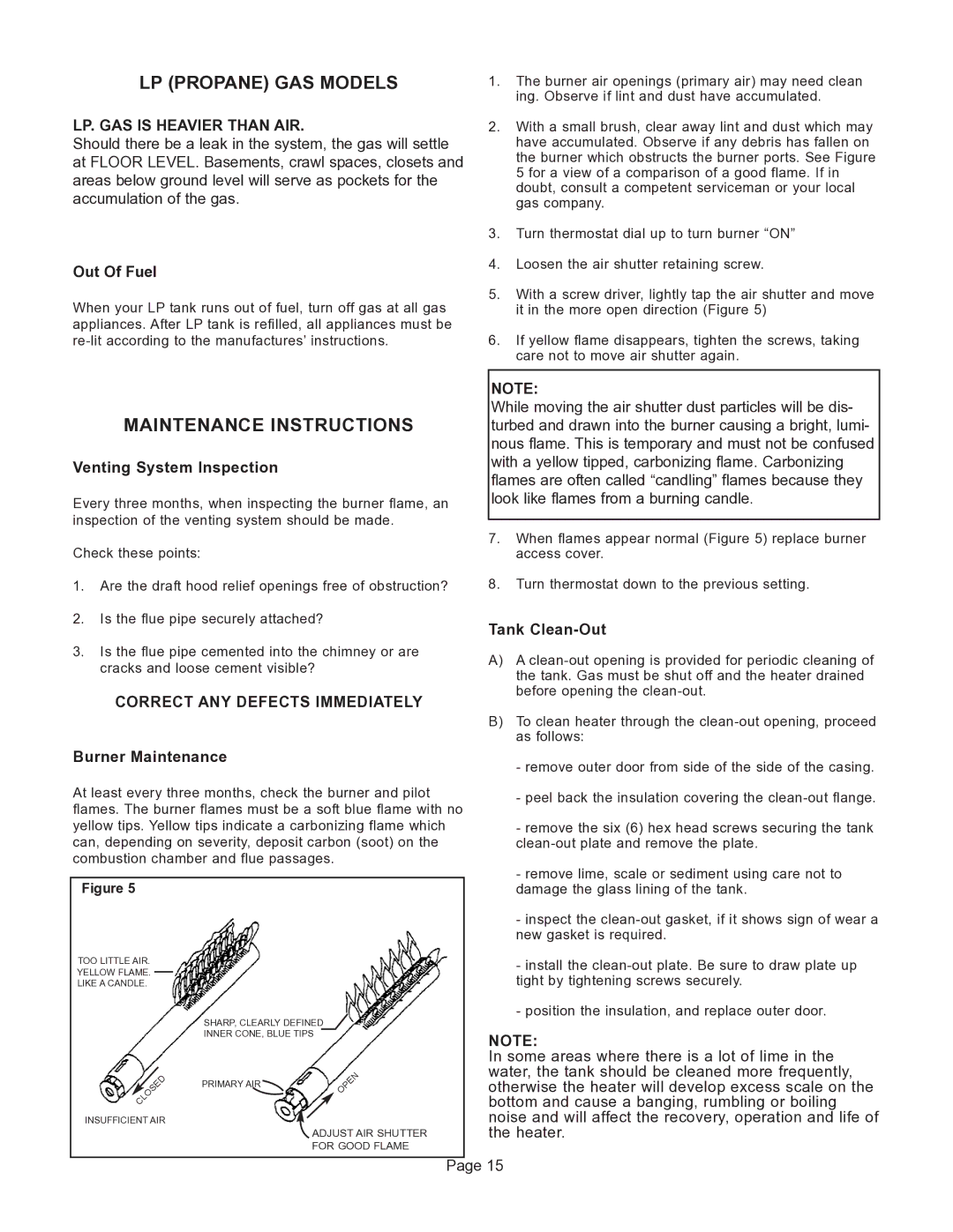 GSW G65 LP Propane GAS Models, Maintenance Instructions, LP. GAS is Heavier than AIR, Correct ANY Defects Immediately 