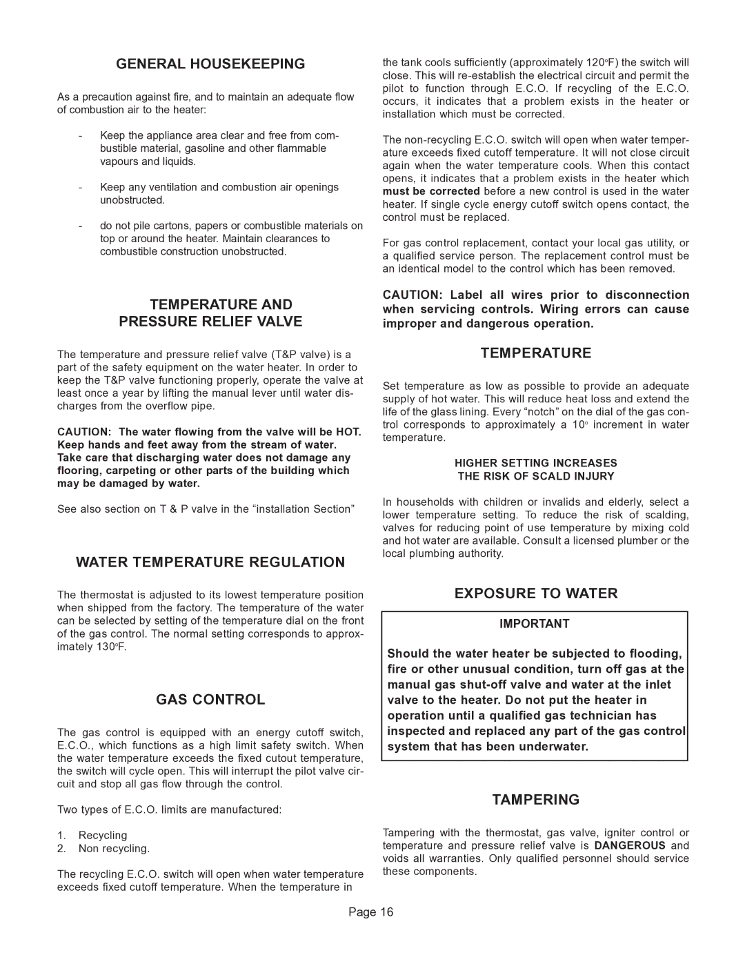 GSW G65 General Housekeeping, Temperature Pressure Relief Valve, Water Temperature Regulation, GAS Control, Tampering 