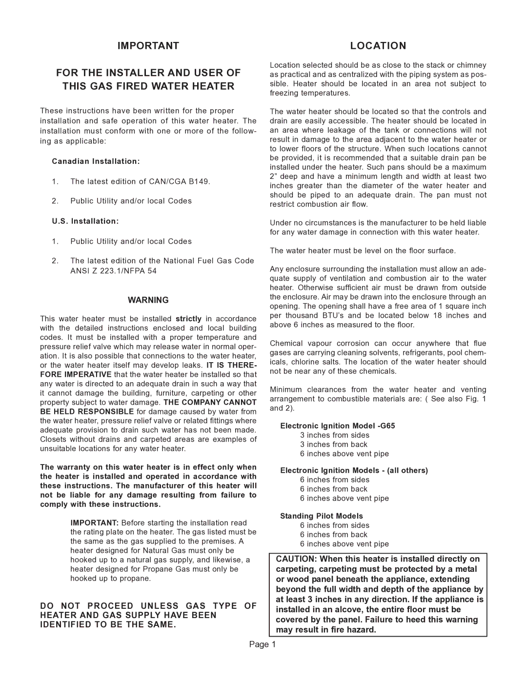 GSW G65 instruction manual For the Installer and User of this GAS Fired Water Heater, Location 