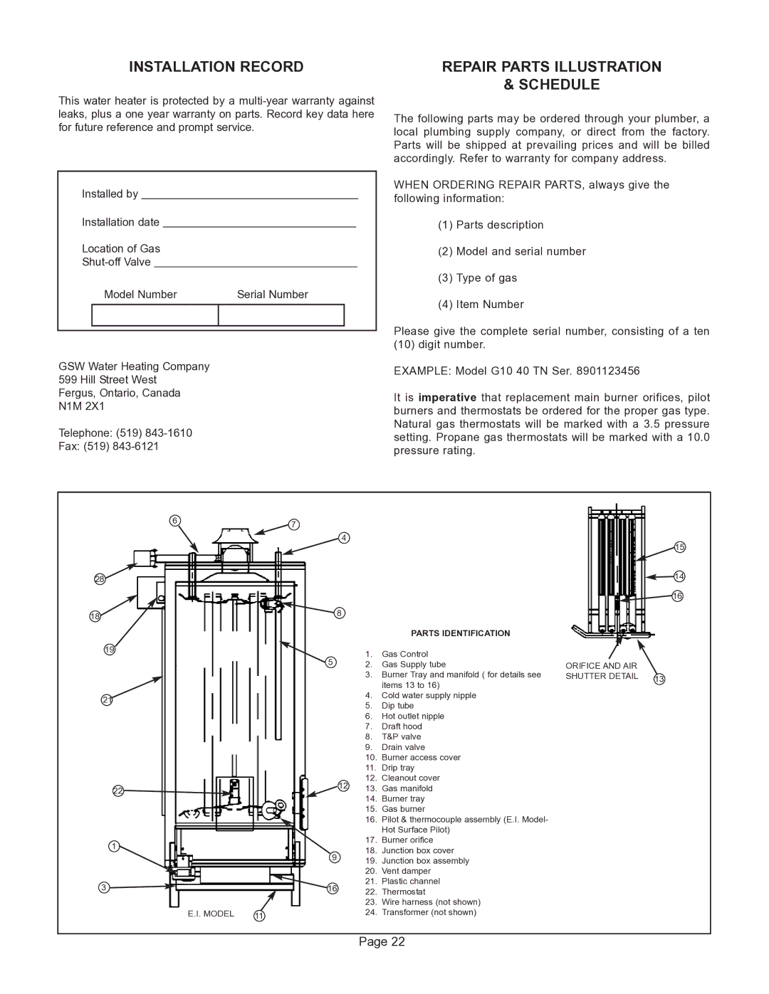 GSW G65 instruction manual Installation Record, Schedule 