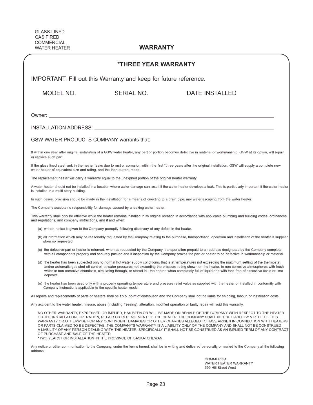 GSW G65 instruction manual Warranty Three Year Warranty, Model no Serial no 