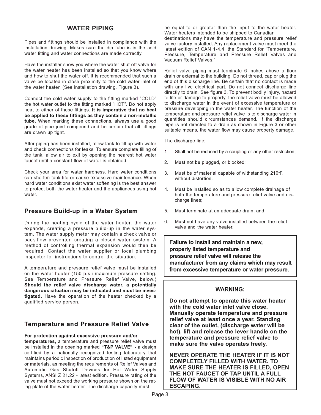 GSW G65 instruction manual Water Piping, Pressure Build-up in a Water System 