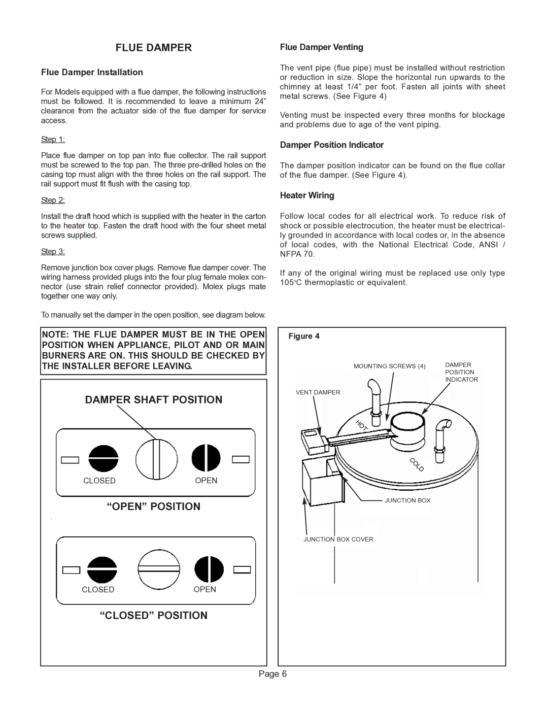 GSW G65 instruction manual Flue Damper, Damper Shaft Position, Open Position, Closed Position 