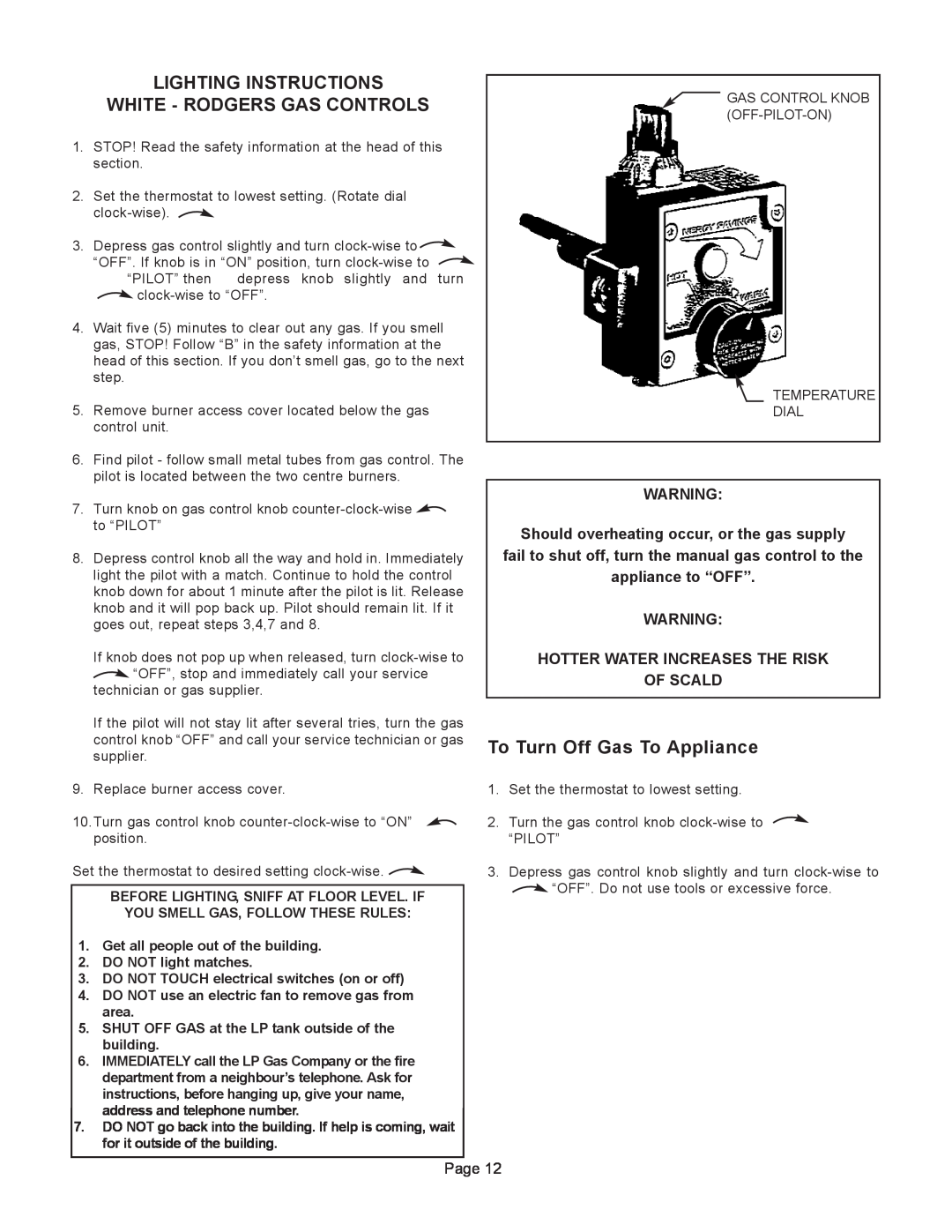 GSW G65 Lighting Instructions, White - Rodgers Gas Controls, To Turn Off Gas To Appliance, appliance to “OFF” 