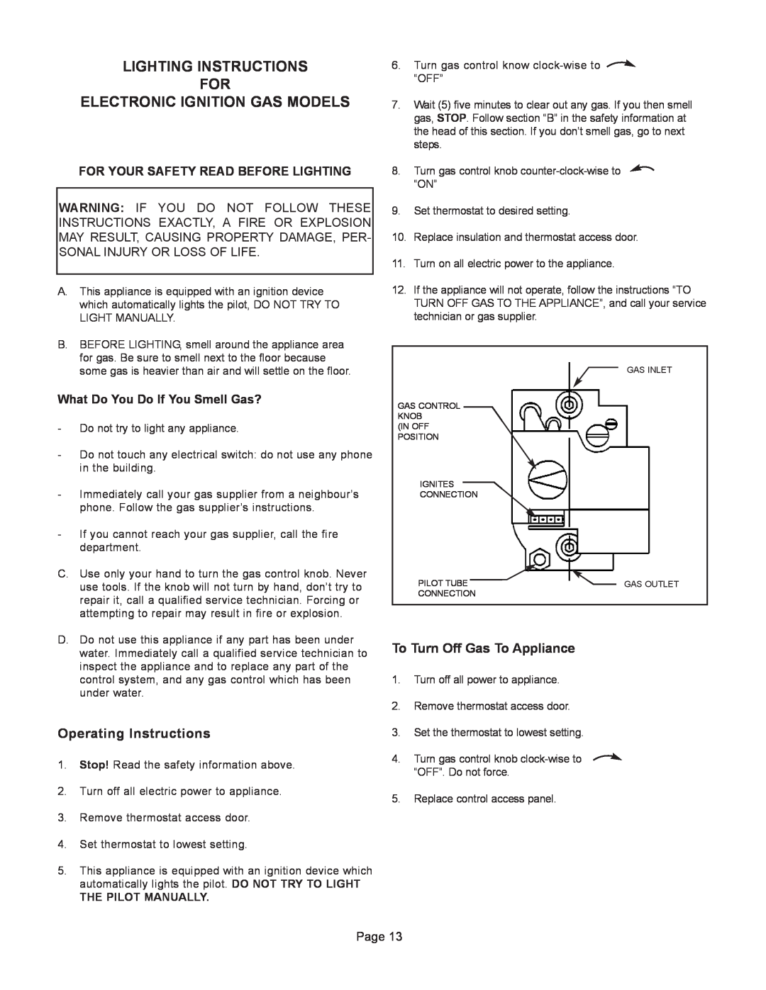 GSW G65 instruction manual Lighting Instructions For, Electronic Ignition Gas Models, For Your Safety Read Before Lighting 