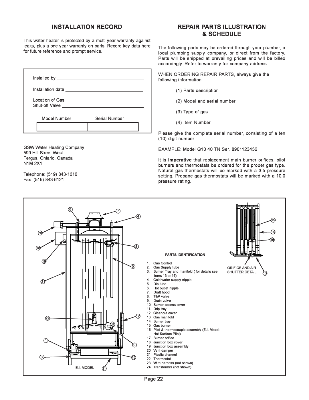 GSW G65 instruction manual Installation Record, Repair Parts Illustration, Schedule 