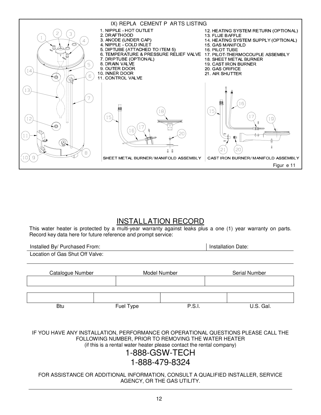 GSW Gas Fired Water Heater warranty Gsw-Tech 