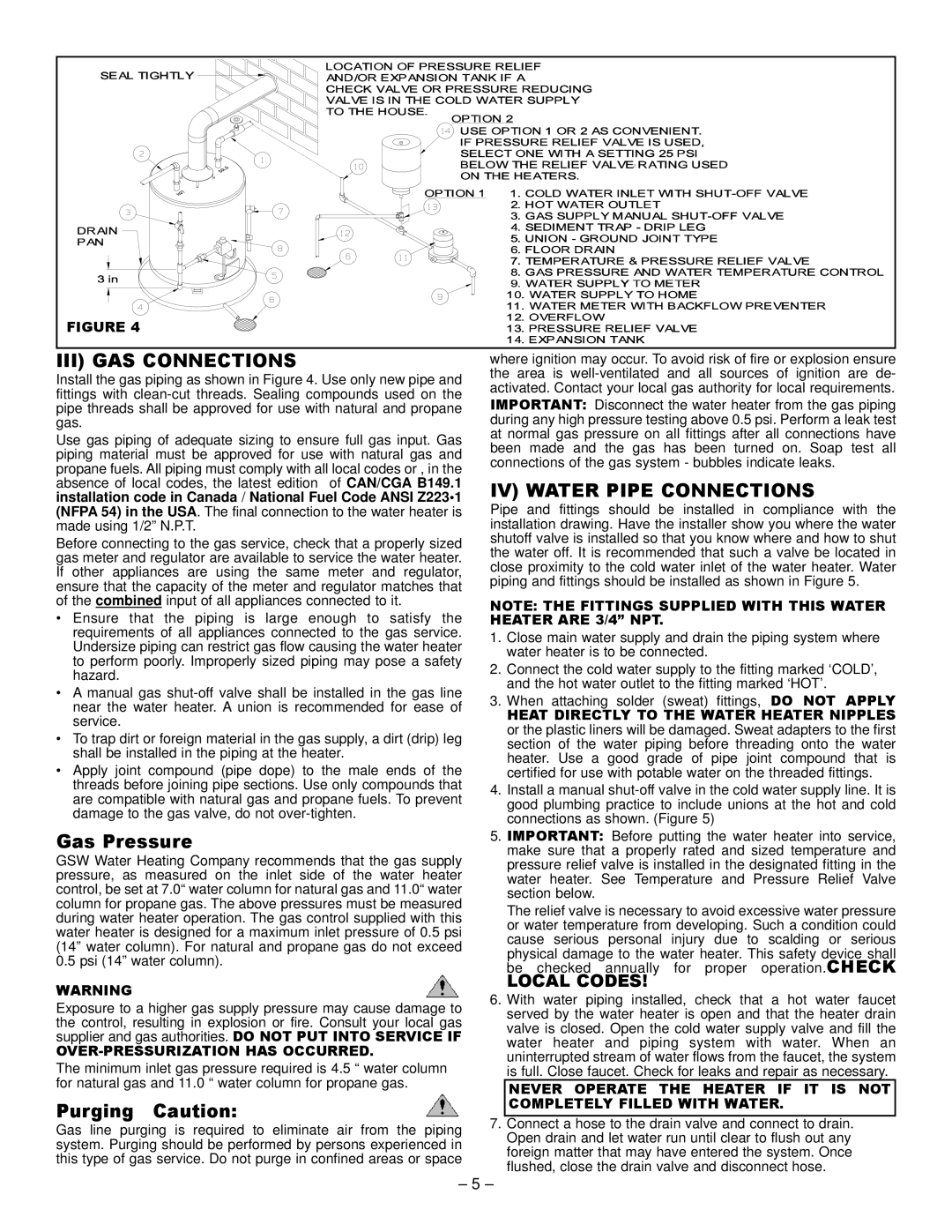 GSW Gas Fired Water Heater warranty III GAS Connections, IV Water Pipe Connections, Gas Pressure, Purging Caution 