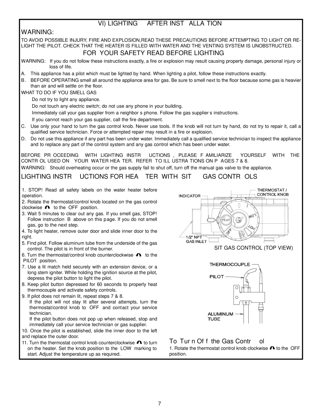 GSW Gas Fired Water Heater warranty VI Lighting After Installation, For Your Safety Read Before Lighting 