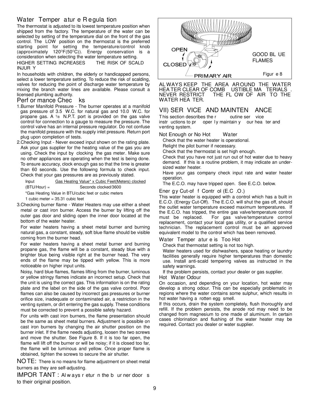 GSW Gas Fired Water Heater warranty Water Temperature Regulation, Performance Checks, VII Service and Maintenance 