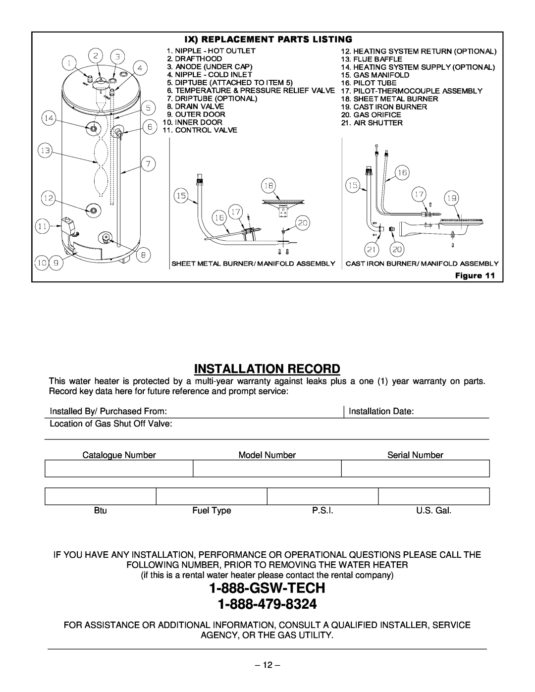 GSW Gas Fired Water Heater warranty Installation Record, Ix Replacement Parts Listing, Gsw-Tech 